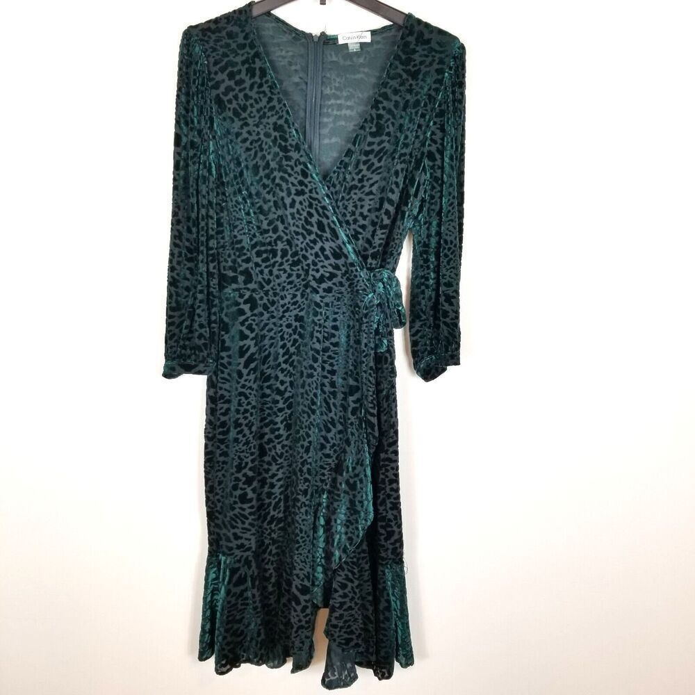 Calvin Klein, Elegant Burnout Green Leopard Print Wrap Dress, Size 12